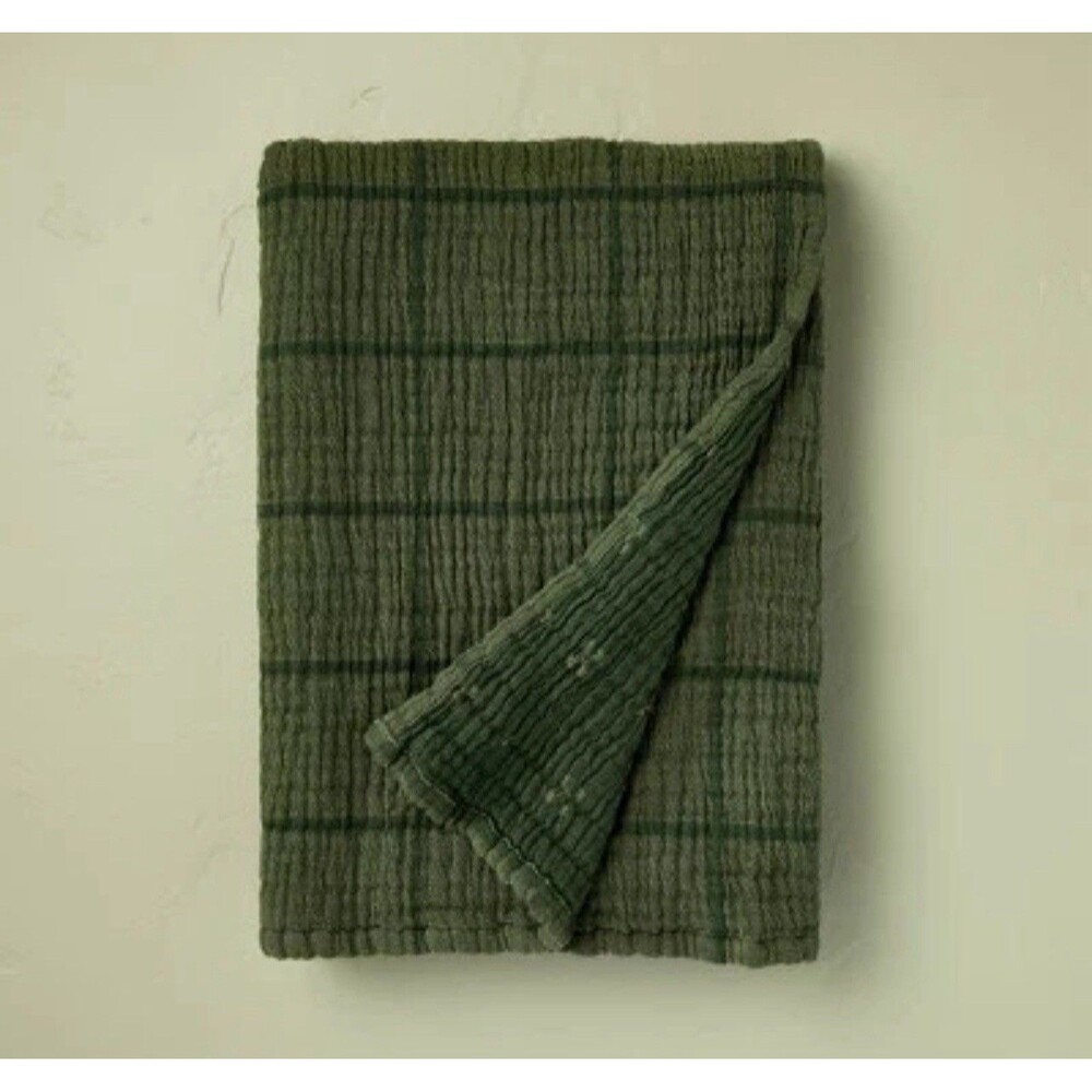 Grid Matelassé Throw Blanket Dark Green - Hearth & Hand with Magnolia NEW